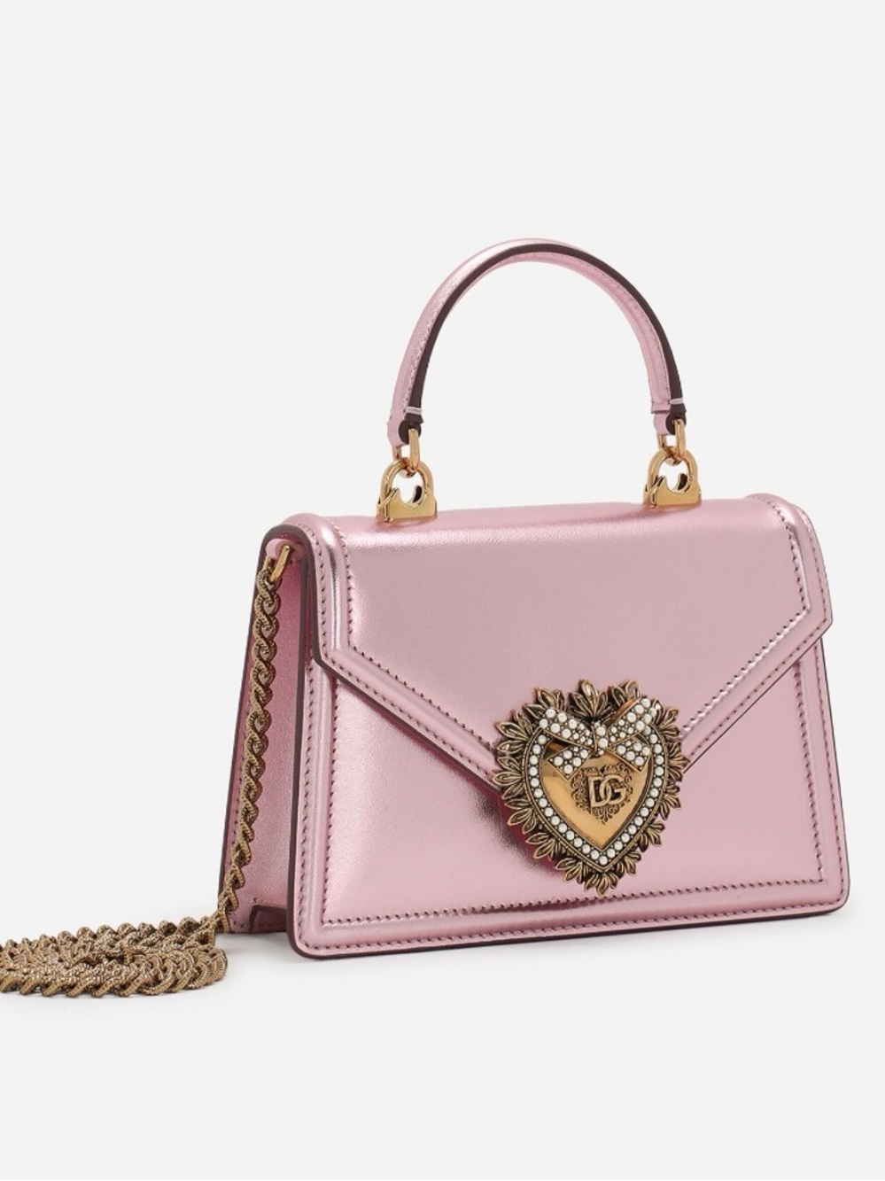 Dolce & Gabbana Devoted Pink Metallic Mini Top-Handle Bag with Gold Heart